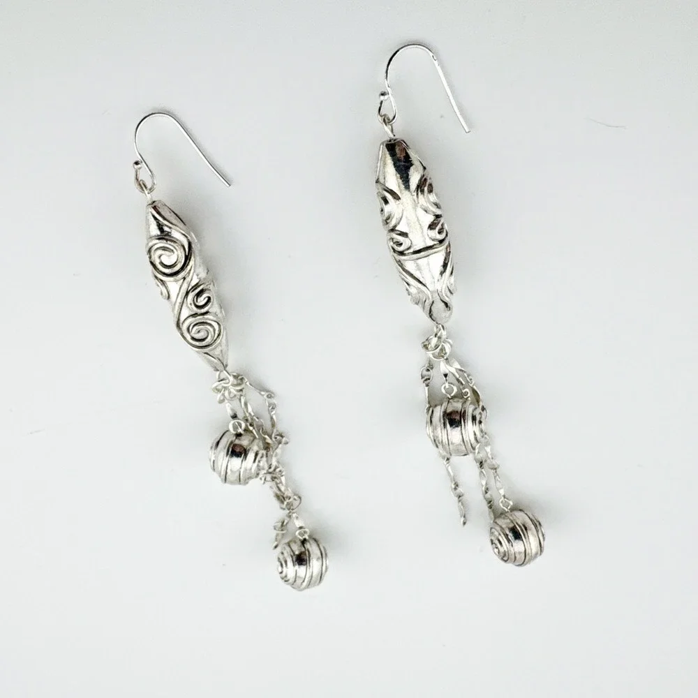 Silver Dangle Earrings Boho Swirl‎ Bead Drop Long Statement